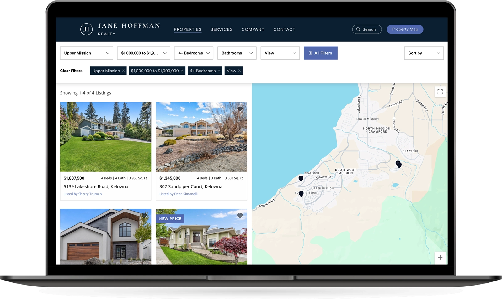 Jane Hoffman Realty website allows users to search from real estate listings via the property map and apply search filters