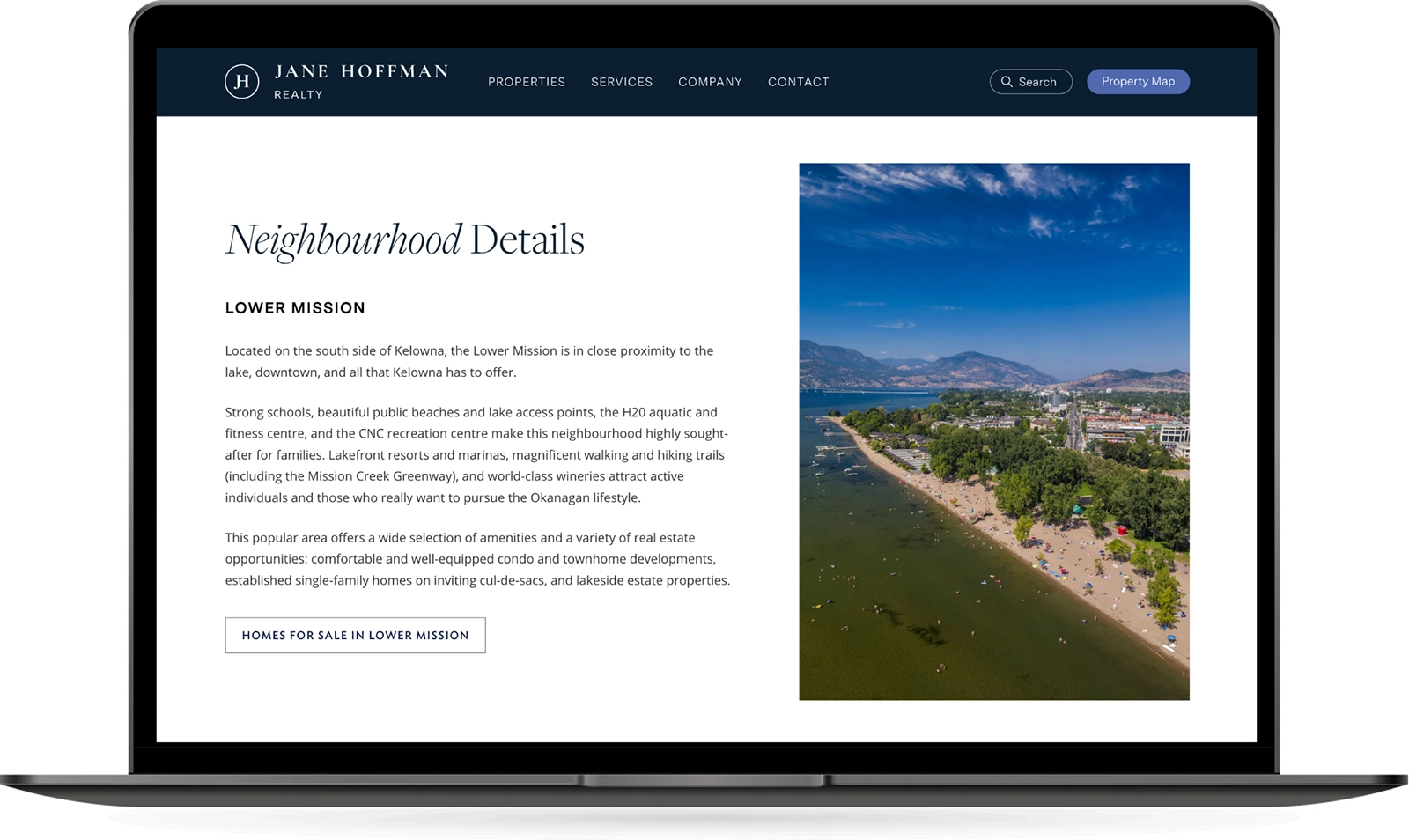 Jane Hoffman Realty website showcases Okanagan neighbourhoods for users to browse which features detailed insights, like including local schools, recreation, and amenities.